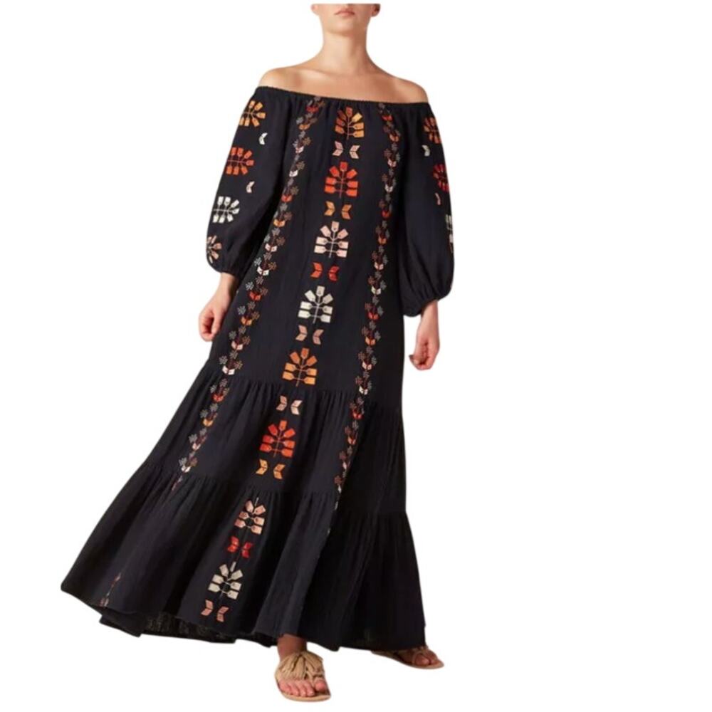 Figue Senna Glided-Embroidered Gauze Belted Maxi Dress - Size M
